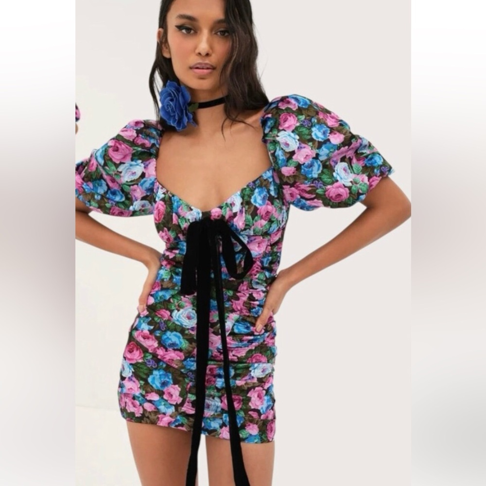 For Love & Lemons Floral Dress bow tie blue pink puff sleeve - Picture 6 of 6